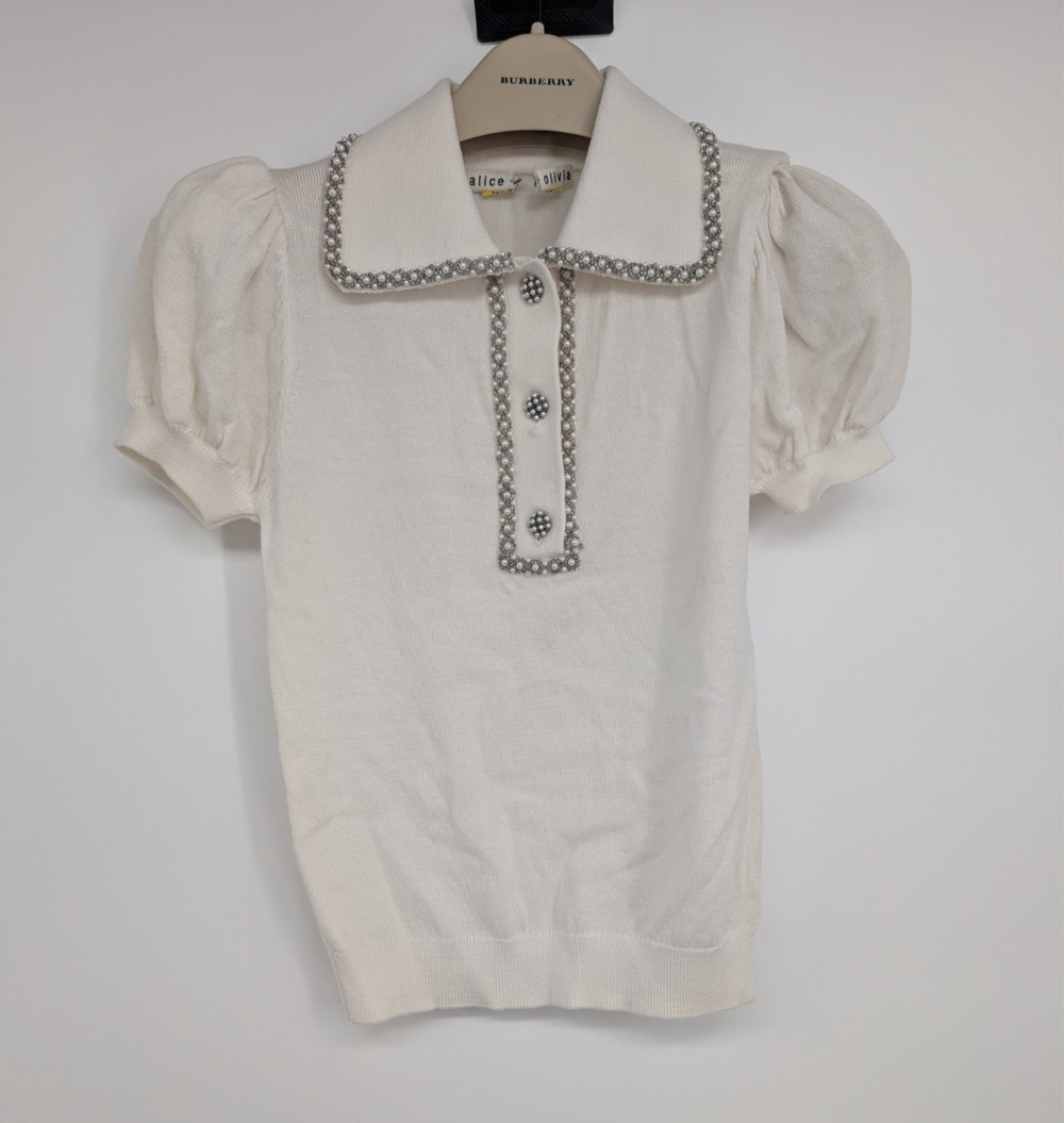NWOT Alice + Olivia Ramona Embellished Knit Cropped Polo Sz XS White #9G611